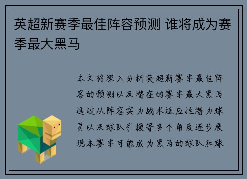英超新赛季最佳阵容预测 谁将成为赛季最大黑马